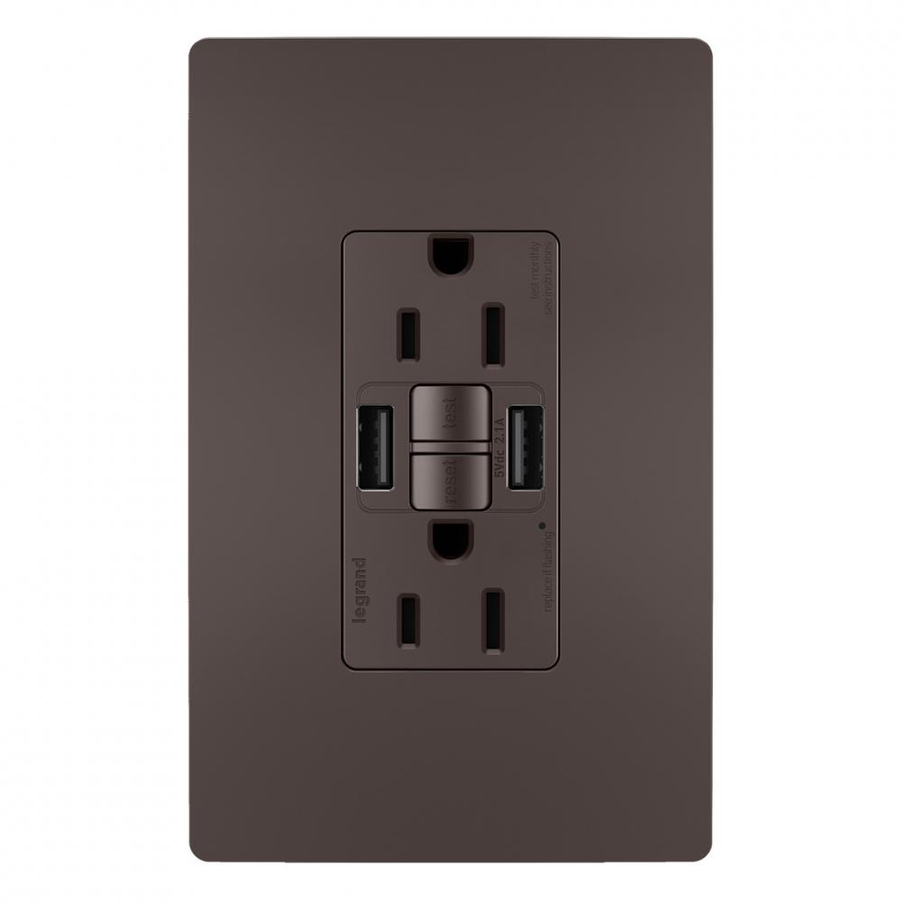 radiant Tamper-Resistant 15A Duplex Self-Test GFCI Receptacles wt SafeLock Protection, USB Type