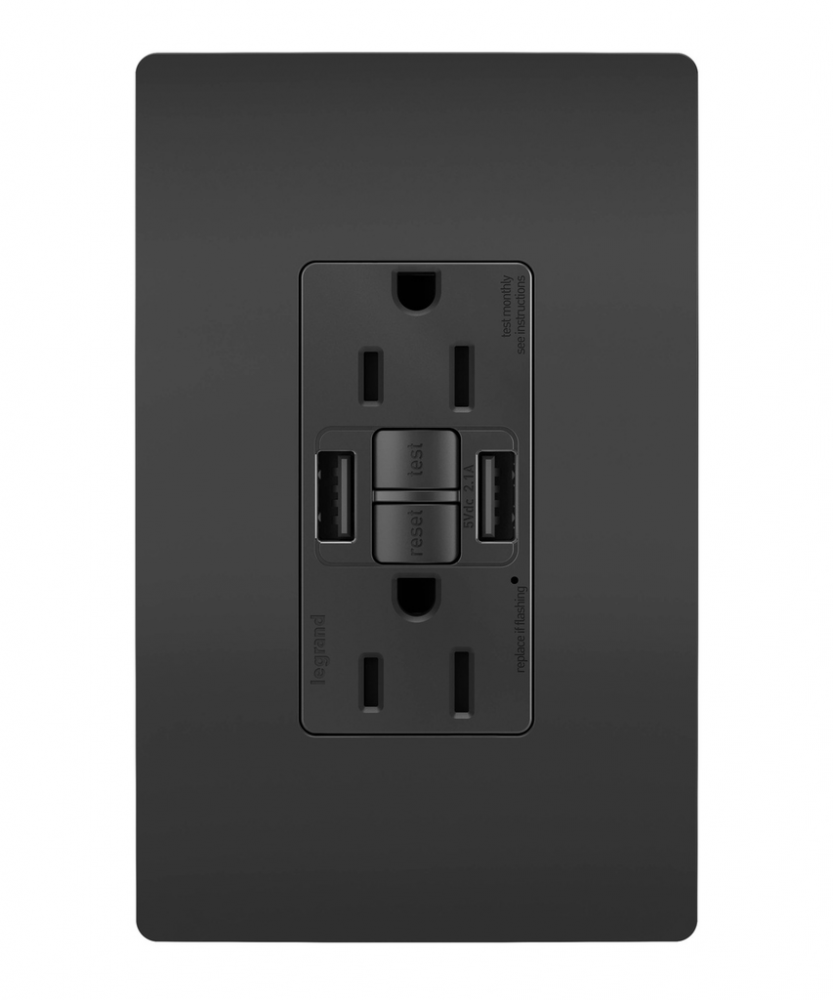radiant Tamper-Resistant 15A Duplex Self-Test GFCI Receptacles wt SafeLock Protection, USB Type
