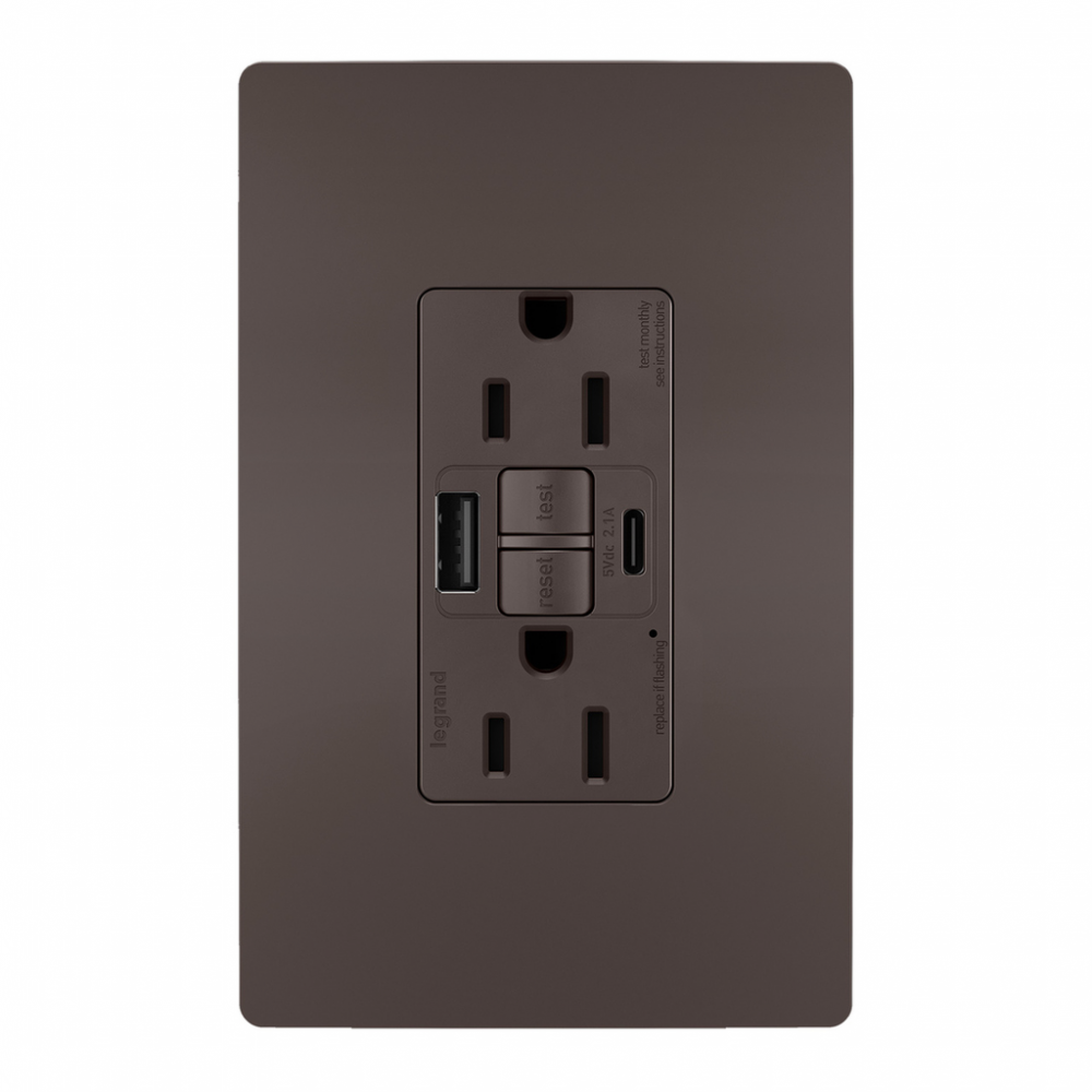radiant Tamper-Resistant 15A Duplex Self-Test GFCI Receptacles wt SafeLock Protection, USB Type